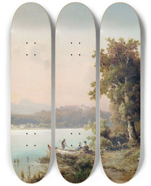 Triptych art skateboard deck of Wilhelm Lichtenheld Partie Am Chiemsee Mit Blick Auf Die Herreninsel Am Frhen Morgen by Wilhelm Lichtenheld (1817-1891)