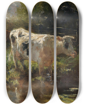 Triptych art skateboard deck of Willem Maris Cow Beside A Ditch by Willem Maris (1844-1910)