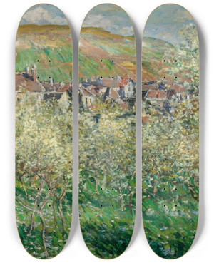 Triptych art skateboard deck of Claude Monet Flowering Plum Trees by Claude Monet (1840-1926)