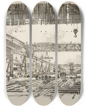 Triptych art skateboard deck of Joseph Pennell Steel Bars For Shells by Joseph Pennell (1857-1926)