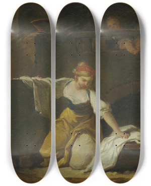 Triptych art skateboard deck of Jeanhonor Fragonard Young Washerwomen by Jean-Honor Fragonard (1732-1806)