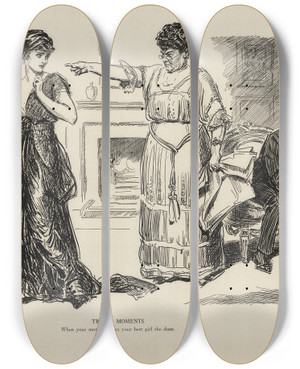 Triptych art skateboard deck of Charles Dana Gibson Tragic Moments When Your Mother Shows Your Best Girl The Door by Charles Dana Gibson (1867-1944)