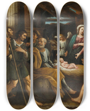 Triptych art skateboard deck of Giuseppe Vermiglio The Adoration Of The Shepherds by Giuseppe Vermiglio (1585-1635)