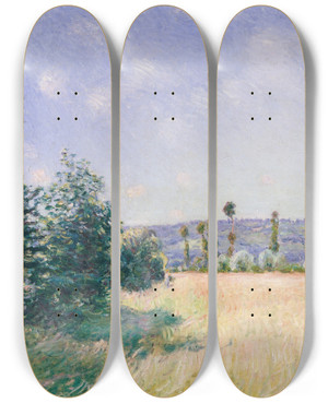 Triptych art skateboard deck of Alfred Sisley Sahurs Meadows In Morning Sun by Alfred Sisley (1840-1899)