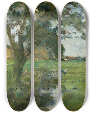 Triptych art skateboard deck of Piet Mondrian Farm Setting With Foreground Tree And Irrigation Ditch by Piet Mondrian (1872-1944)