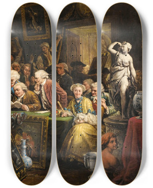 Triptych art skateboard deck of Julien Lopold Boilly The Auction by Julien Leopold Boilly (1796-1874)