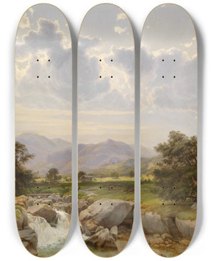 Triptych art skateboard deck of Julius Rose Landschaft Bei Abtenau by Julius Rose (1828-1911)