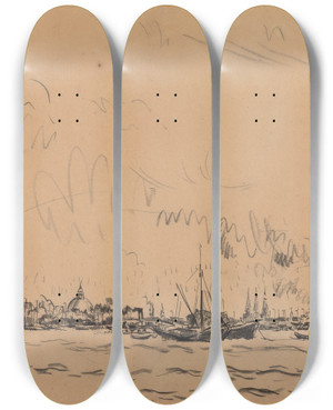 Triptych art skateboard deck of Rik Wouters The Port Of Amsterdam by Rik Wouters (1882-1916)