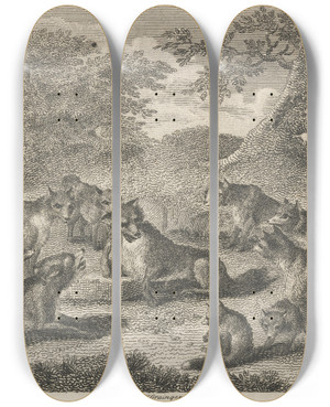 Triptych art skateboard deck of John Wootton Fable Xxix The Fox At The Point Of Death by John Wootton (1686-1765)