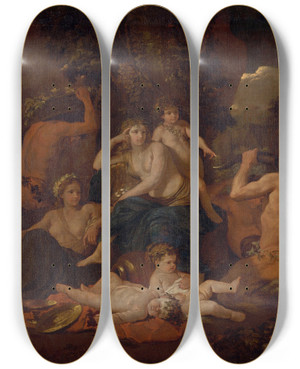 Triptych art skateboard deck of Nicolas Poussin Lenfance De Bacchus by Nicolas Poussin (1594-1665)