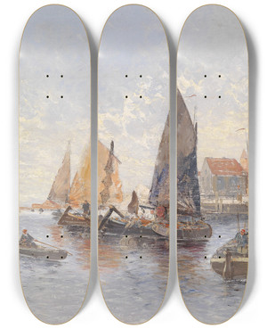 Triptych art skateboard deck of Georg Fischhof Fischer Im Hafen by Georg Fischhof (1859-1914)