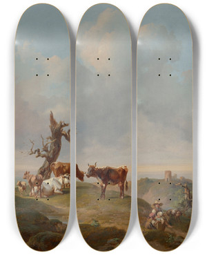 Triptych art skateboard deck of Joseph Heicke Khe Und Ziegen Auf Der Weide by Joseph Heicke (1811-1861)