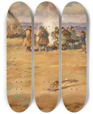 Triptych art skateboard deck of Carl Plckebaum After The Rabbit Hunt by Carl Pluckebaum (1880-1952)