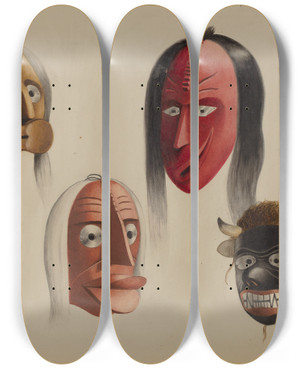 Triptych art skateboard deck of Louis Plogsted Masks by Louis Plogsted