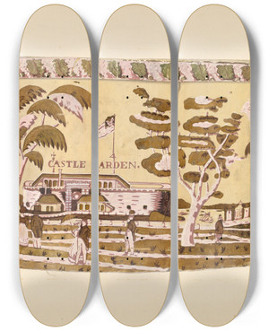 Triptych art skateboard deck of Harold Merriam Bandbox Castle Garden_1 by Harold Merriam