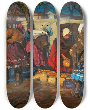 Triptych art skateboard deck of Tivadar Josef Mousson A Pottery Market In Mihalovce by Tivadar Josef Mousson (1887-1946)