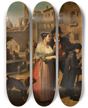 Triptych art skateboard deck of Johannes Riepenhausen A Secondhand Bookseller In A Roman Street by Johannes Riepenhausen (1788-1860)
