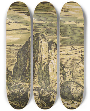 Triptych art skateboard deck of Hendrick Goltzius Felsklippe An Der Meereskste by Hendrick Goltzius (1558-1617)