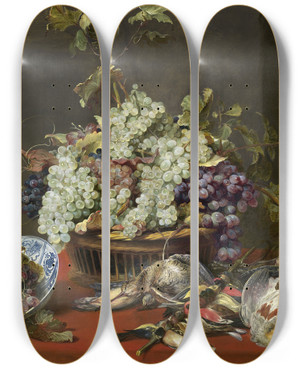 Triptych art skateboard deck of Frans Snyders Still Life With Grapes And Game by Frans Snyders (1579-1657)