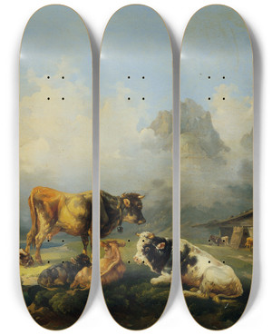 Triptych art skateboard deck of Joseph Heicke Alm Mit Rindern by Joseph Heicke (1811-1861)