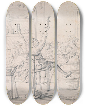 Triptych art skateboard deck of Jan Miense Molenaer Merrymaking In A Tavern by Jan Miense Molenaer (1610-1668)