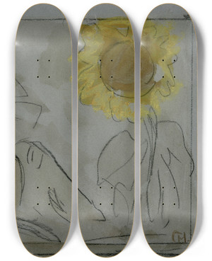 Triptych art skateboard deck of Theo Van Hoytema Enkele Uilen Naast Een Zonnebloem by Theo Van Hoytema (1863-1917)