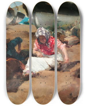 Triptych art skateboard deck of Joaqun Sorolla Componiendo La Red by Joaquin Sorolla (1863-1923)