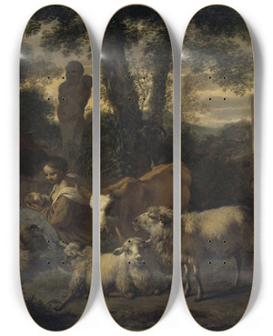 Triptych art skateboard deck of Simon Van Der Does Italian Landscape With Shepherdess And Flocks_1 by Simon van der Does (1653-1717)