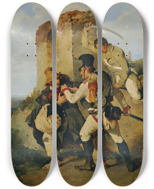 Triptych art skateboard deck of Carl Schindler Die Gefangennahme Des Spions by Carl Schindler (1821-1842)
