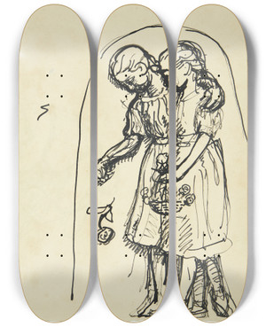 Triptych art skateboard deck of Peter Hansen To Sm Piger Der Strr Blomster To Udkast P Samme Blad by Peter Hansen (1868-1928)