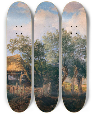 Triptych art skateboard deck of Josef Hger A Village Idyll by Josef Hoger (1801-1877)