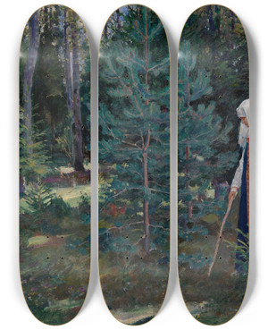 Triptych art skateboard deck of Sergei Arsenevich Vinogradov Gathering Mushrooms In The Forest by Sergei Arsenevich Vinogradov (1869-1938)