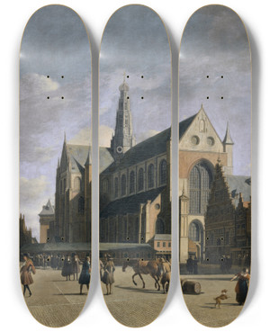 Triptych art skateboard deck of Gerrit Adriaensz Berckheyde The Market Place In Haarlem by Gerrit Adriaensz Berckheyde (1638-1698)
