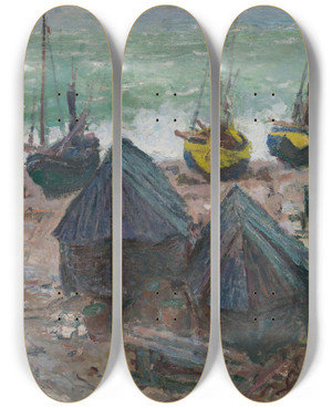 Triptych art skateboard deck of Claude Monet Boats On The Beach At Tretat by Claude Monet (1840-1926)
