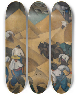 Triptych art skateboard deck of Paul Kotlarevsky Shovelling Sand On The Seine by Paul Kotlarevsky (1883-1950)