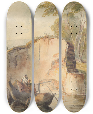 Triptych art skateboard deck of George Chinnery A River Scene by George Chinnery (1774-1852)