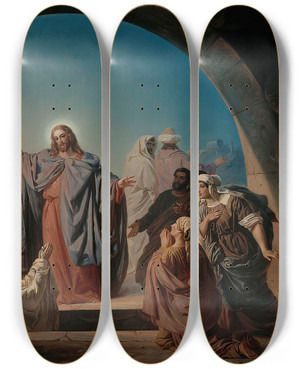 Triptych art skateboard deck of Robert Wilhelm Ekman Jesus Wakes Lazarus by Robert Wilhelm Ekman (1808-1873)