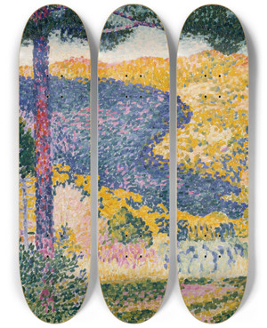 Triptych art skateboard deck of Henriedmond Cross Valley With Fir Shade On The Mountain by Henri-Edmond Cross (1856-1910)