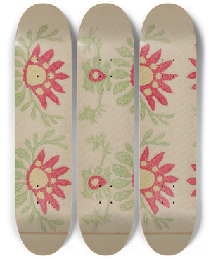 Triptych art skateboard deck of Elbert S Mowery Applique Quilt King Davids Crown by Elbert S Mowery