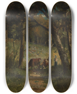 Triptych art skateboard deck of Edward Mitchell Bannister Untitled Cows On Path In Forest by Edward Mitchell Bannister (1828-1901)