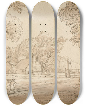 Triptych art skateboard deck of Benjamin West Road Scene In Windsor Forest by Benjamin West (1738-1820)