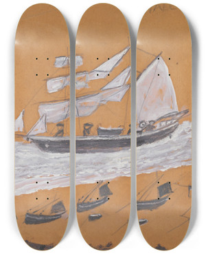 Triptych art skateboard deck of Alfred Wallis Twomaster And Fishing Fleet by Alfred Wallis (1855-1942)