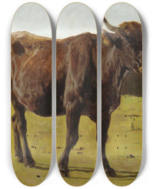 Triptych art skateboard deck of Auguste Bonheur A Cow Grazing In A Meadow by Auguste Bonheur (1824-1884)