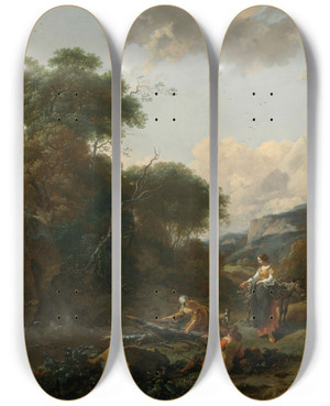 Triptych art skateboard deck of Nicolaes Pietersz Berchem A Landscape With Figures by Nicolaes Pietersz Berchem (1620-1683)