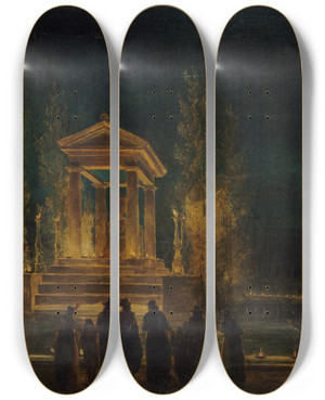 Triptych art skateboard deck of Hubert Robert Le Mausole Provisoire De Jeanjacques Rousseau Sur Le Bassin Des Tuileries Avant La Translation De Ses Cendres Au Panthon Nuit Du 10 Au 11 Octobre 1794 by Hubert Robert (1733-1808)