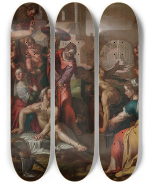 Triptych art skateboard deck of Joachim Wtewael The Raising Of Lazarus by Joachim Wtewael (1566-1638)