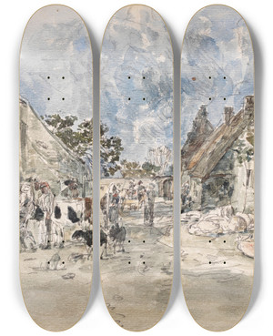 Triptych art skateboard deck of Eugne Boudin Foire Plougastel by Eugene Boudin (1824-1898)