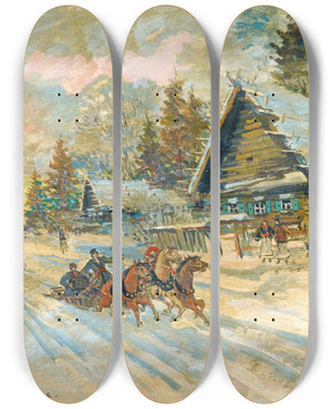 Triptych art skateboard deck of Konstantin Alexeevich Korovin Accordoniste Dans Un Traineau by Konstantin Alexeevich Korovin (1861-1939)