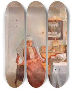 Triptych art skateboard deck of Isidor Kaufmann Friday Evening by Isidor Kaufmann (1853-1921)