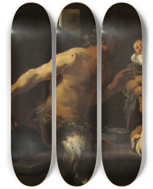 Triptych art skateboard deck of Johann Liss The Satyr And The Peasant by Johann Liss (1597-1631)